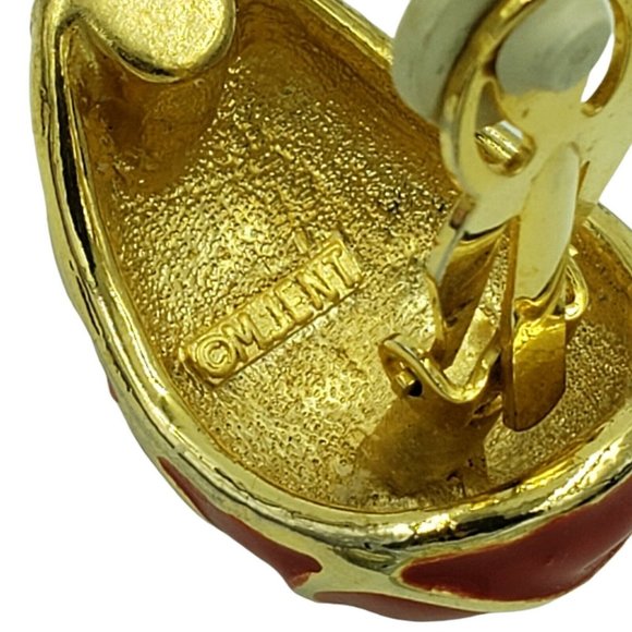 M Jent Clip On Earrings Red Gold Enamel Signed Vintage1980’s - Picture 5 of 12